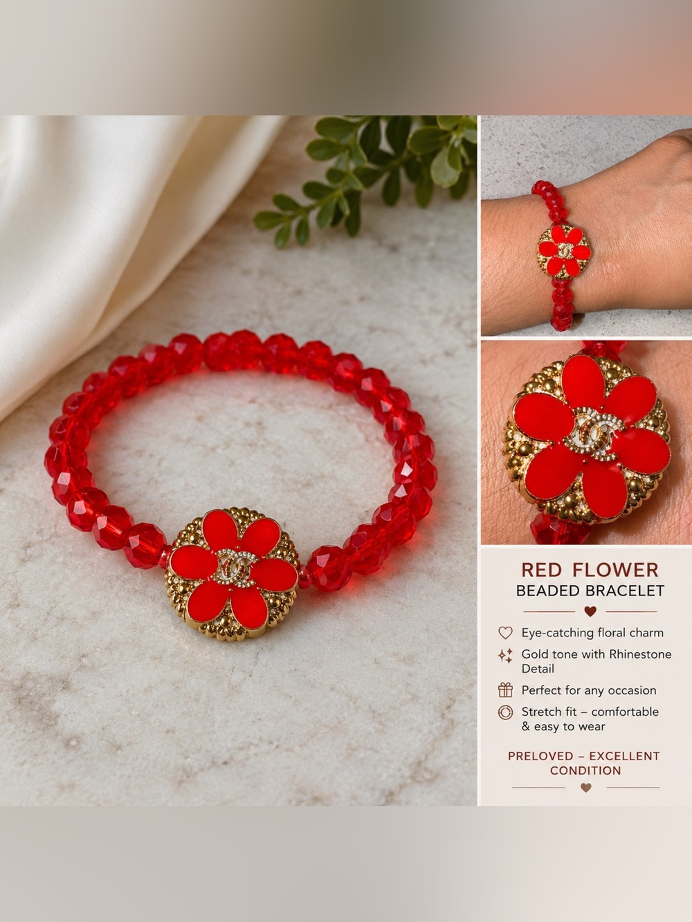 CHANEL Red Beaded Bracelet with Gold Flower Charm